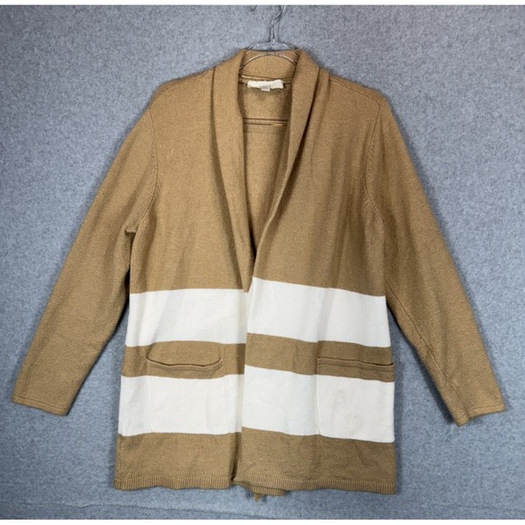 LOFT Sweaters - LOFT Cardigan Sweater‎ Womens Medium Tan White Stripe Open Front Pockets Casual